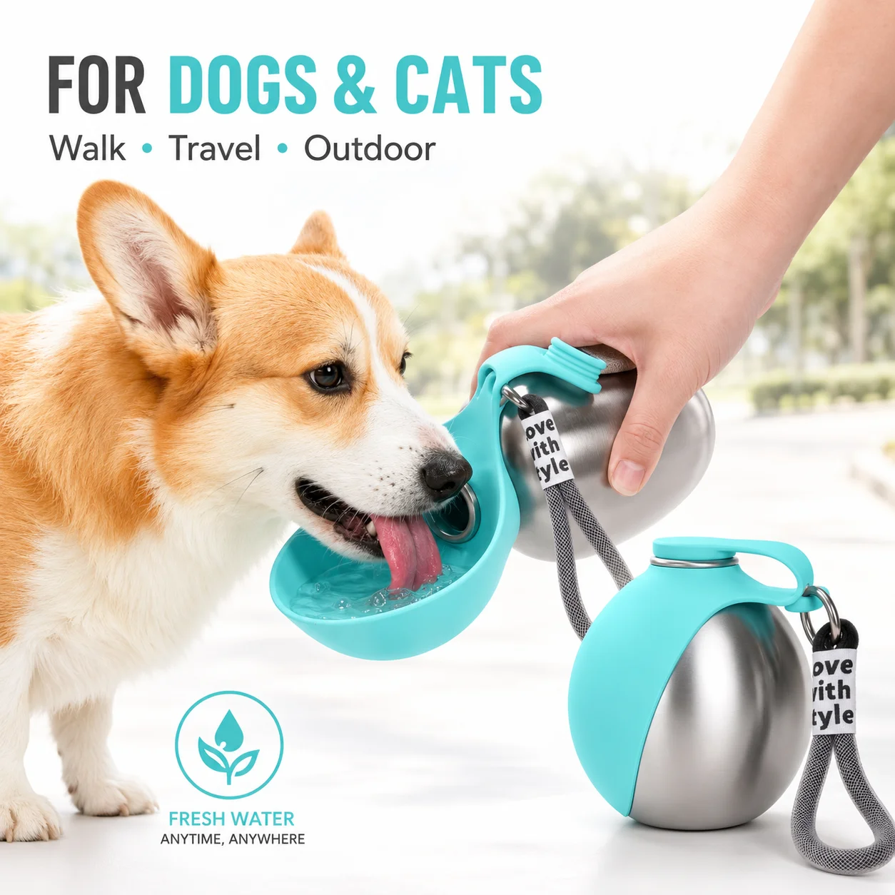 Pet Water Fountain Stainless Steel - 285ML Dog Water Bottle Portable Leak