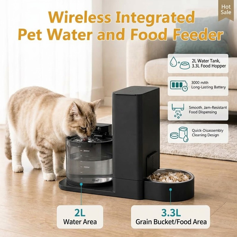 Wireless Pet Water Fountain Battery - Integrated Pet Feeder 2-in-1 Wireless Cat